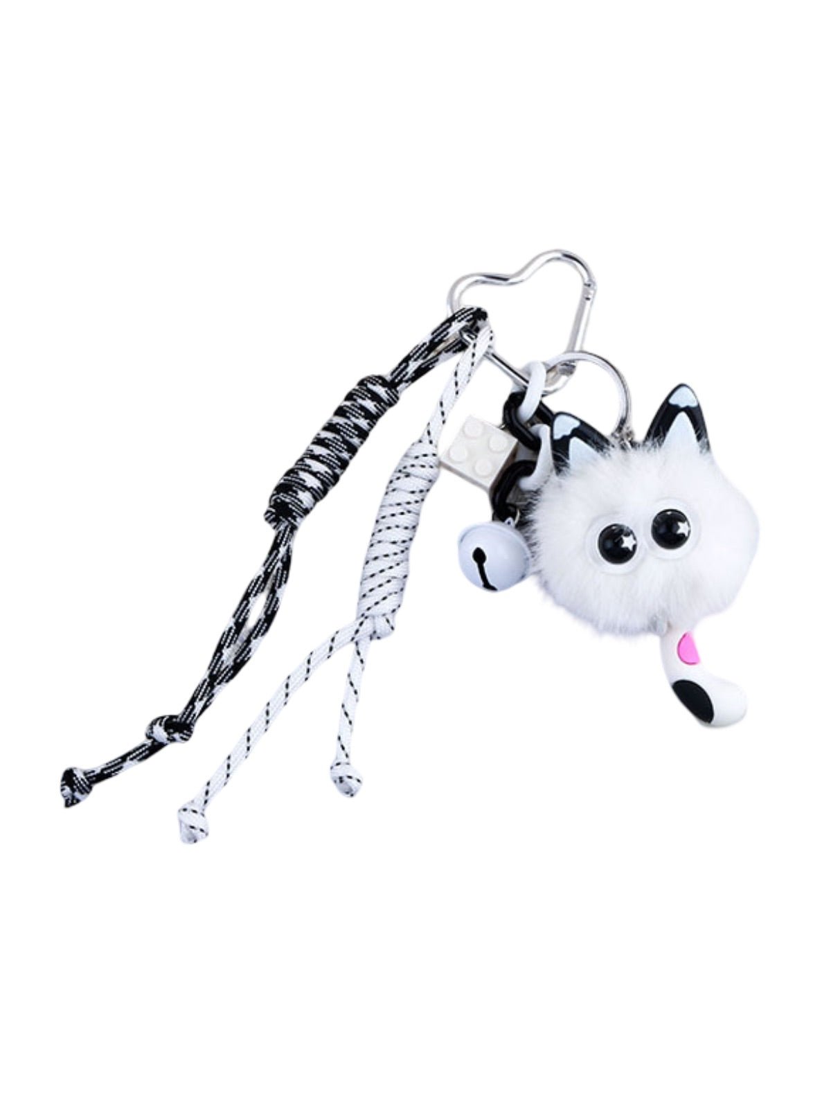 Porte - clés peluche chat, bijou de sac mignon, breloque fantaisie blanche, mousqueton cœur, accessoire sac original, modèle Pouf - Bijoux de sac - Blanc