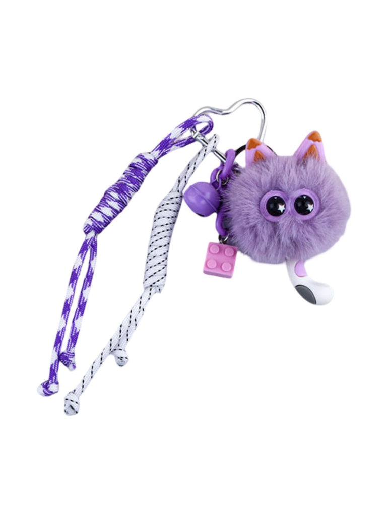 Porte - clés peluche chat, bijou de sac mignon, breloque fantaisie blanche, mousqueton cœur, accessoire sac original, modèle Pouf - Bijoux de sac - Violet
