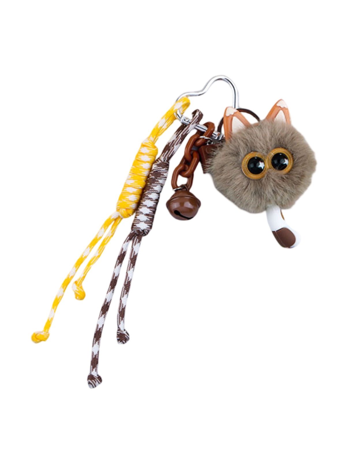 Porte - clés peluche chat, bijou de sac mignon, breloque fantaisie blanche, mousqueton cœur, accessoire sac original, modèle Pouf - Bijoux de sac - Marron