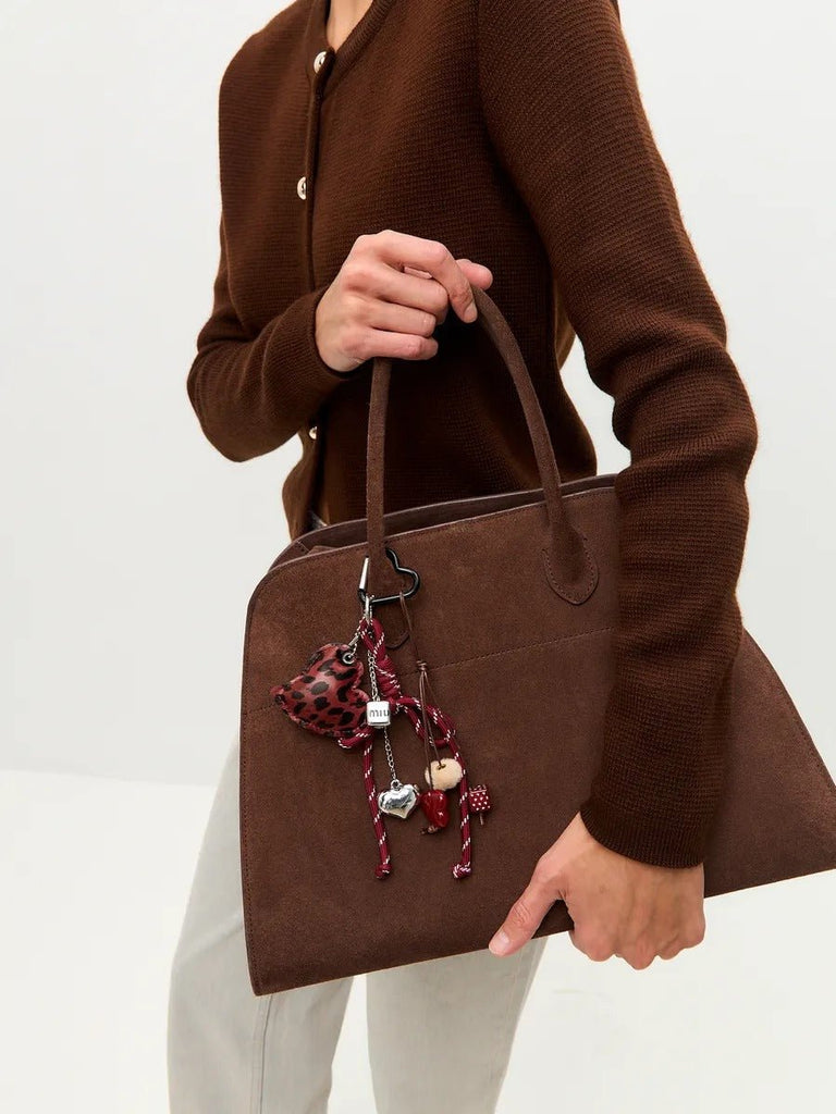 Porte - clés sac cœur léopard, bijou fantaisie, breloques peluche, nœud décoratif, attache mousqueton, modèle Savana - Rouge