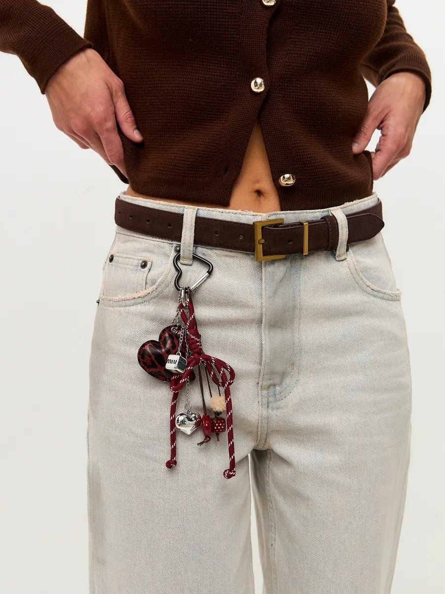 Porte - clés sac cœur léopard, bijou fantaisie, breloques peluche, nœud décoratif, attache mousqueton, modèle Savana - Rouge