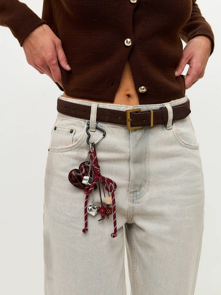 Porte - clés sac cœur léopard, bijou fantaisie, breloques peluche, nœud décoratif, attache mousqueton, modèle Savana - Rouge