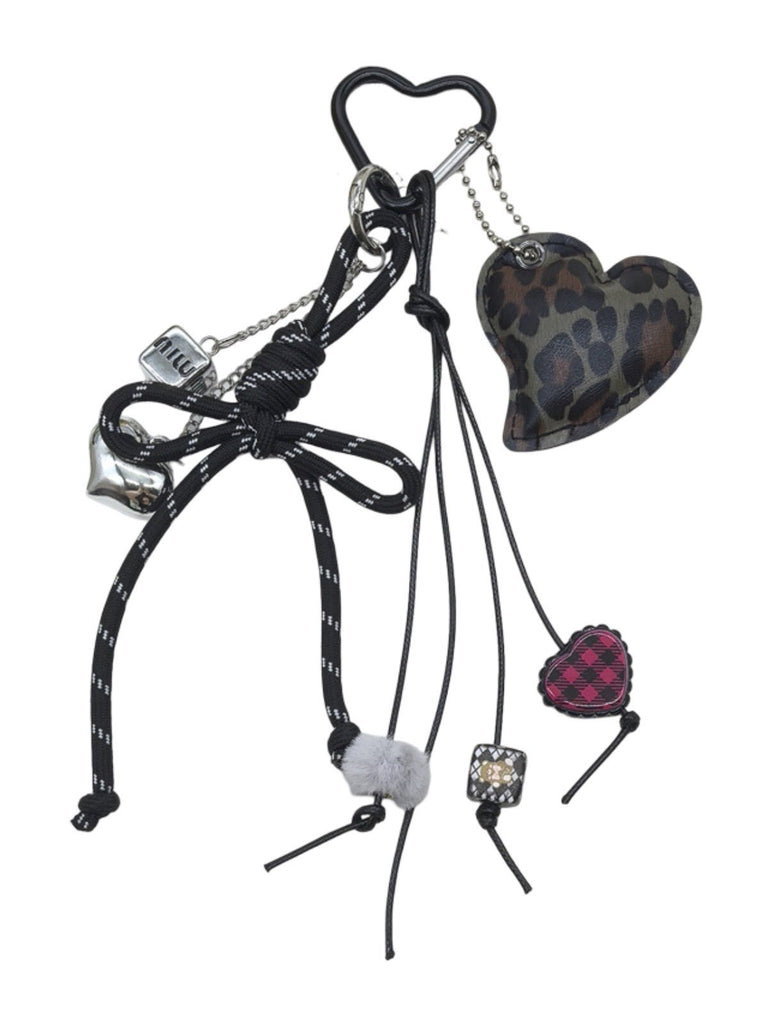 Porte - clés sac cœur léopard, bijou fantaisie, breloques peluche, nœud décoratif, attache mousqueton, modèle Savana - Noir