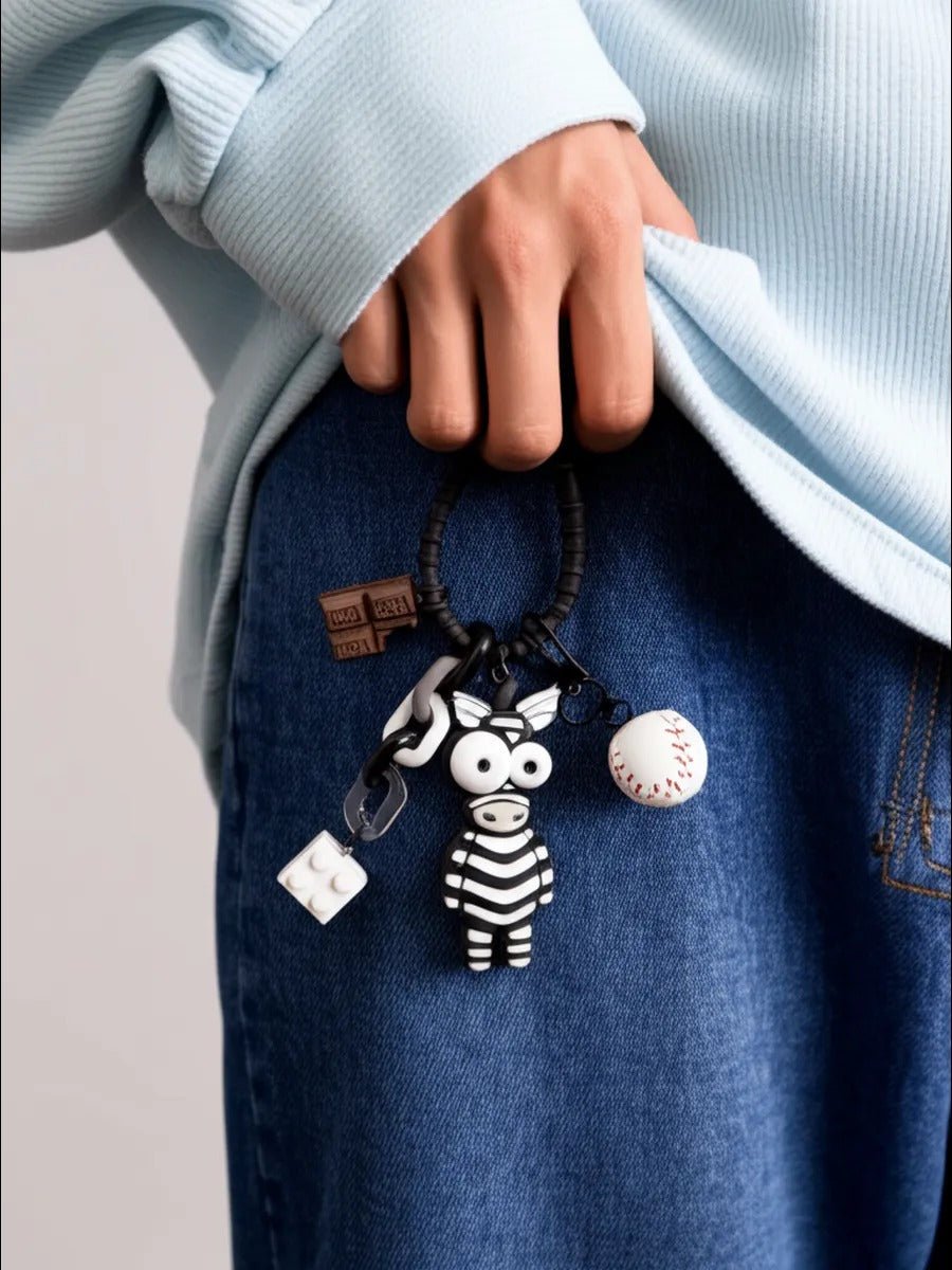 Porte - clés zèbre, bijou de sac mignon, pendentif sac à main, accessoire fantaisie, breloque originale, modèle Zéla - Noir