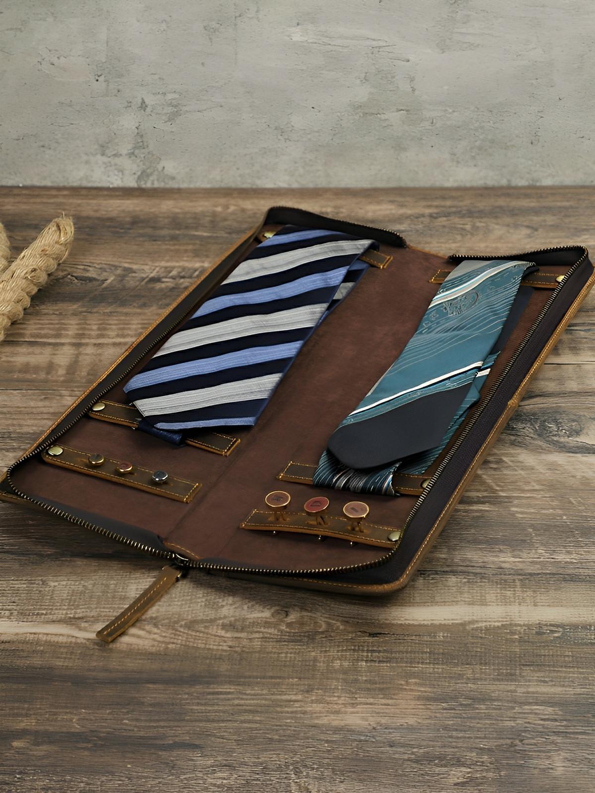 Porte cravate, en cuir, style rétro, modèle Fulgence - Coffret - Café