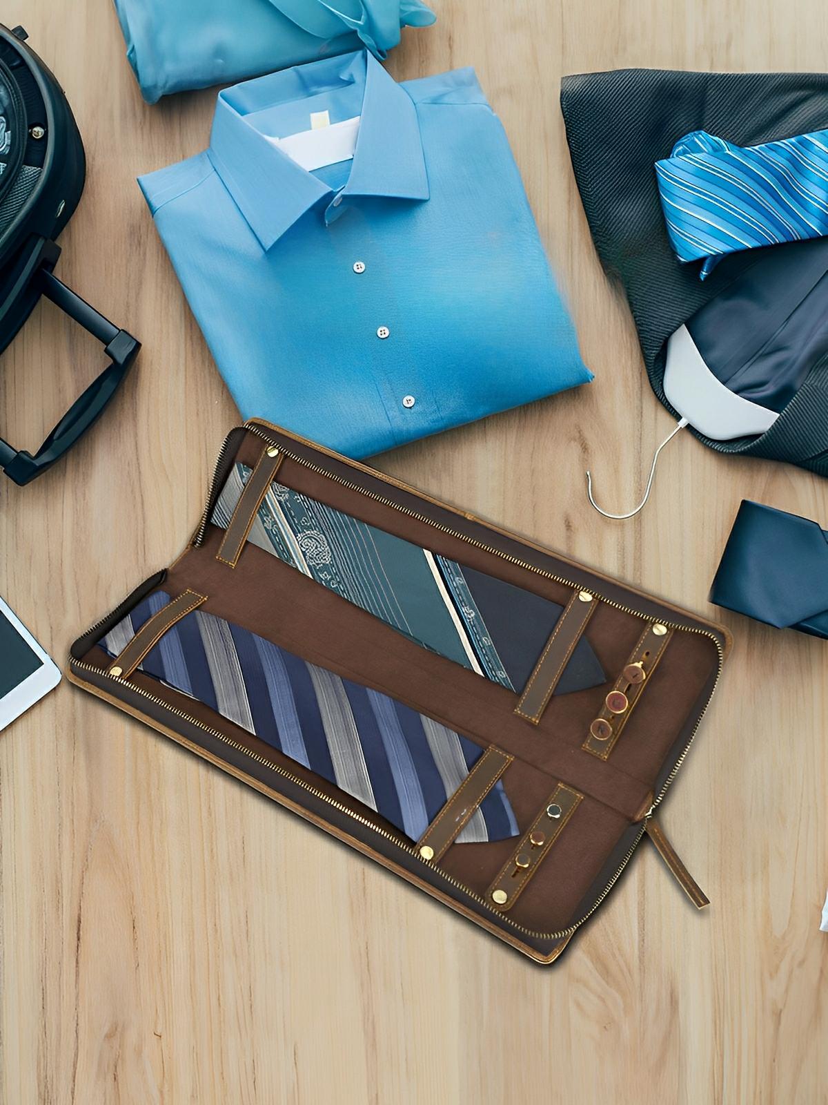 Porte cravate, en cuir, style rétro, modèle Fulgence - Coffret - Café