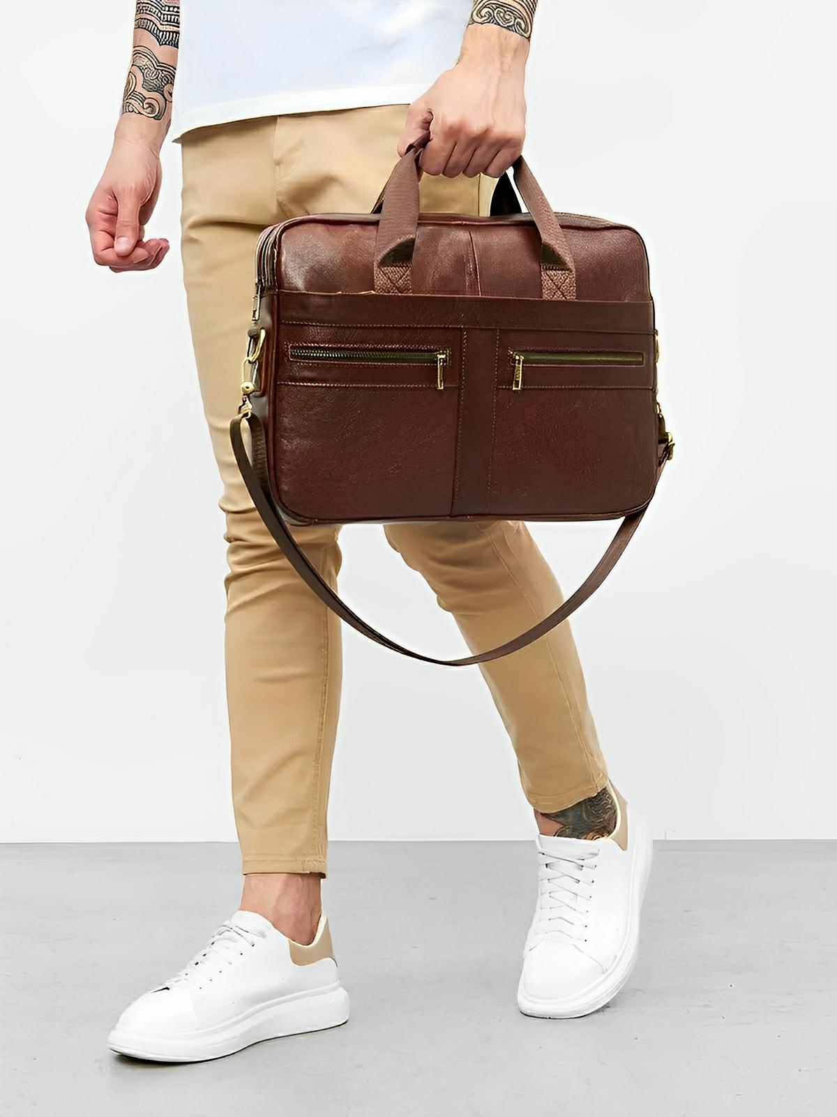 Porte - documents en cuir, grand format, bandoulière amovible, business et bureau, modèle Mathieu - Porte - document - Marron