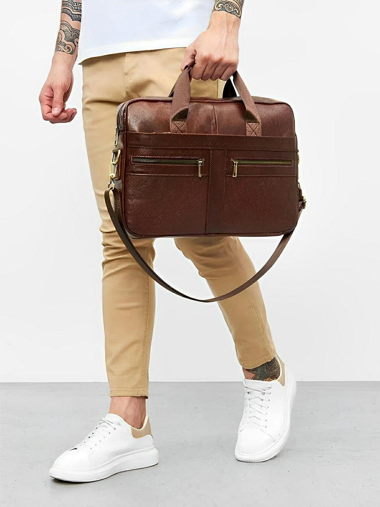 Porte - documents en cuir, grand format, bandoulière amovible, business et bureau, modèle Mathieu - Porte - document - Marron