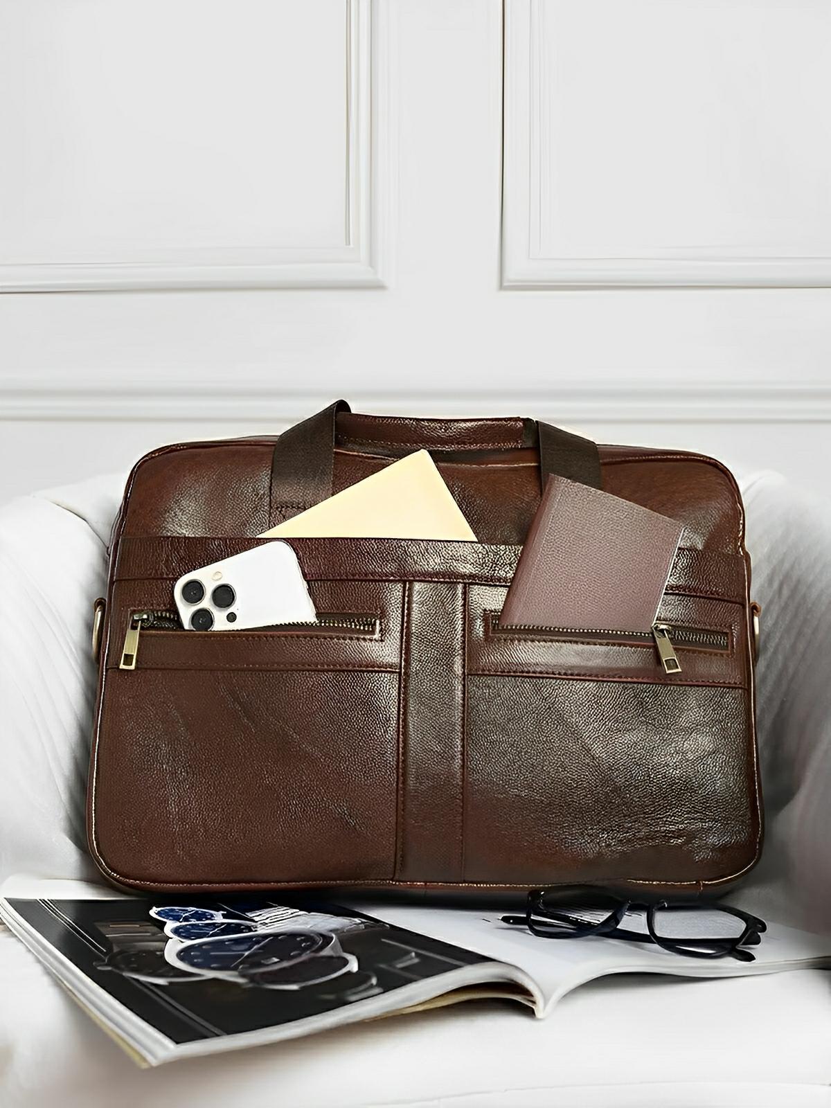 Porte - documents en cuir, grand format, bandoulière amovible, business et bureau, modèle Mathieu - Porte - document - Marron