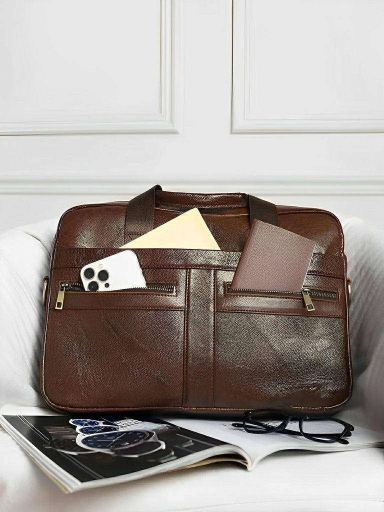 Porte - documents en cuir, grand format, bandoulière amovible, business et bureau, modèle Mathieu - Porte - document - Marron