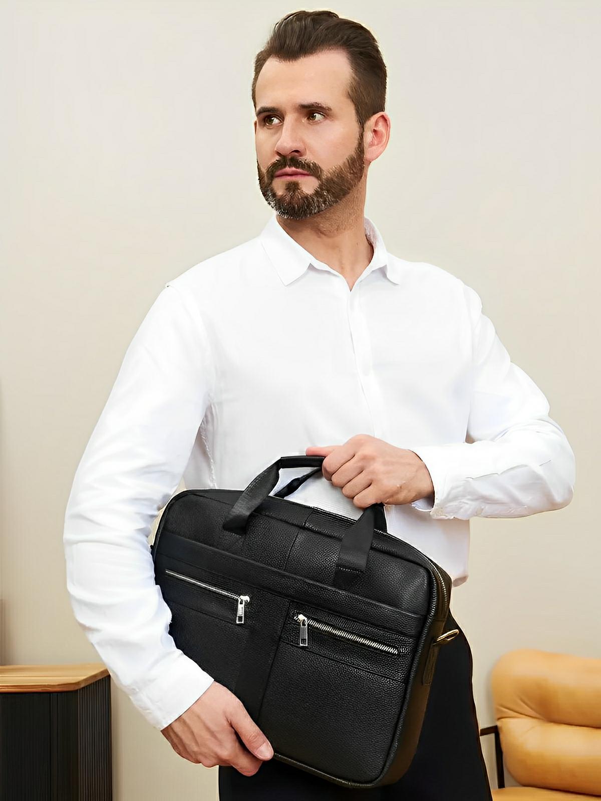 Porte - documents en cuir, grand format, bandoulière amovible, business et bureau, modèle Mathieu - Porte - document - Noir