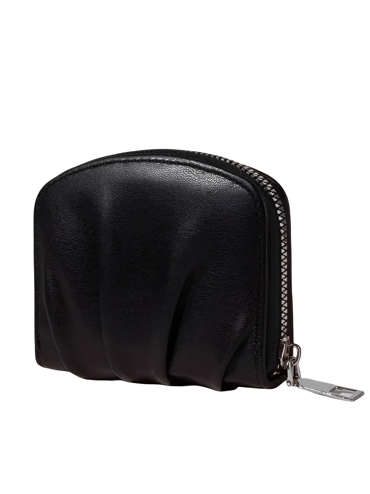 Portefeuille compact femme, fermeture zippée, simili vegan, petit format pratique, design plissé chic, modèle Simone - Porte - feuille - Noir