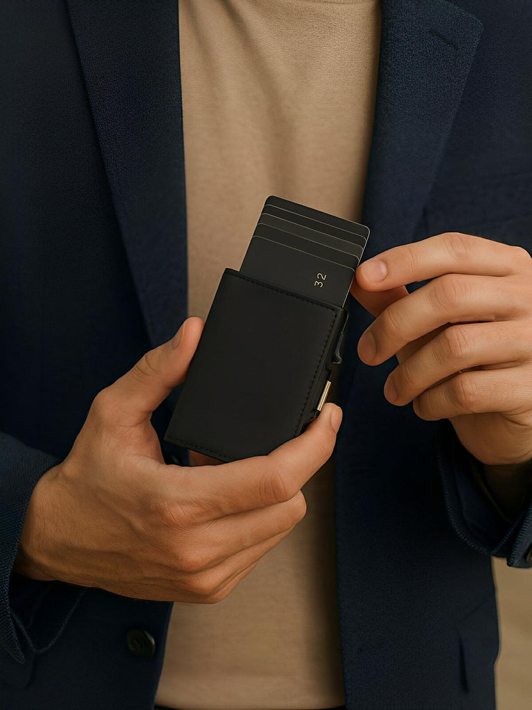 Portefeuille compact RFID, carte éjection automatique, en simili vegan, ultra - fin, modèle Basile - Porte - feuille - Noir