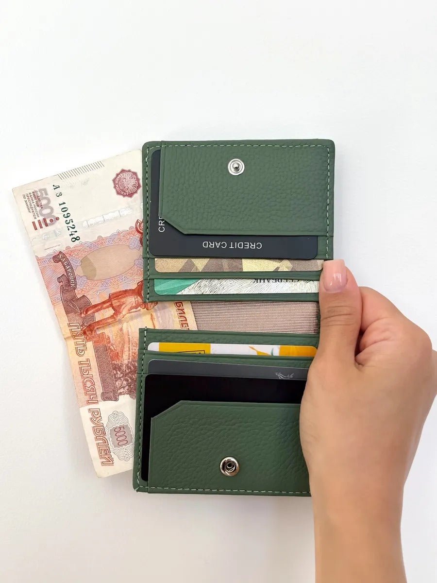 Portefeuille cuir femme compact, porte - cartes intégré, fermeture bouton pression, design pliable, anti - RFID, modèle Suzette - Porte - feuille - Vert