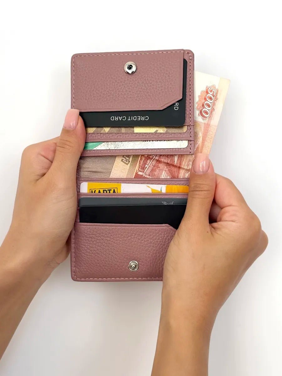 Portefeuille cuir femme compact, porte - cartes intégré, fermeture bouton pression, design pliable, anti - RFID, modèle Suzette - Porte - feuille - Rose