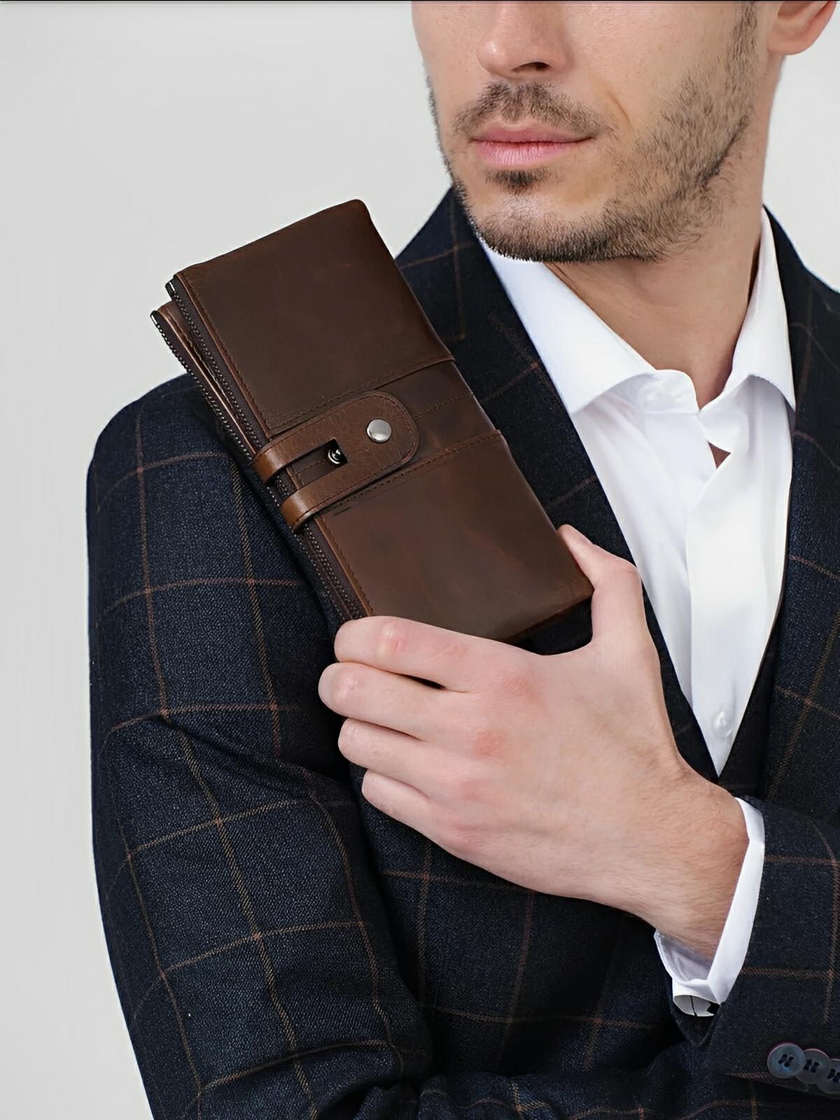 Portefeuille en cuir, format long, RFID, modèle Godefroy - Porte - feuille - Café