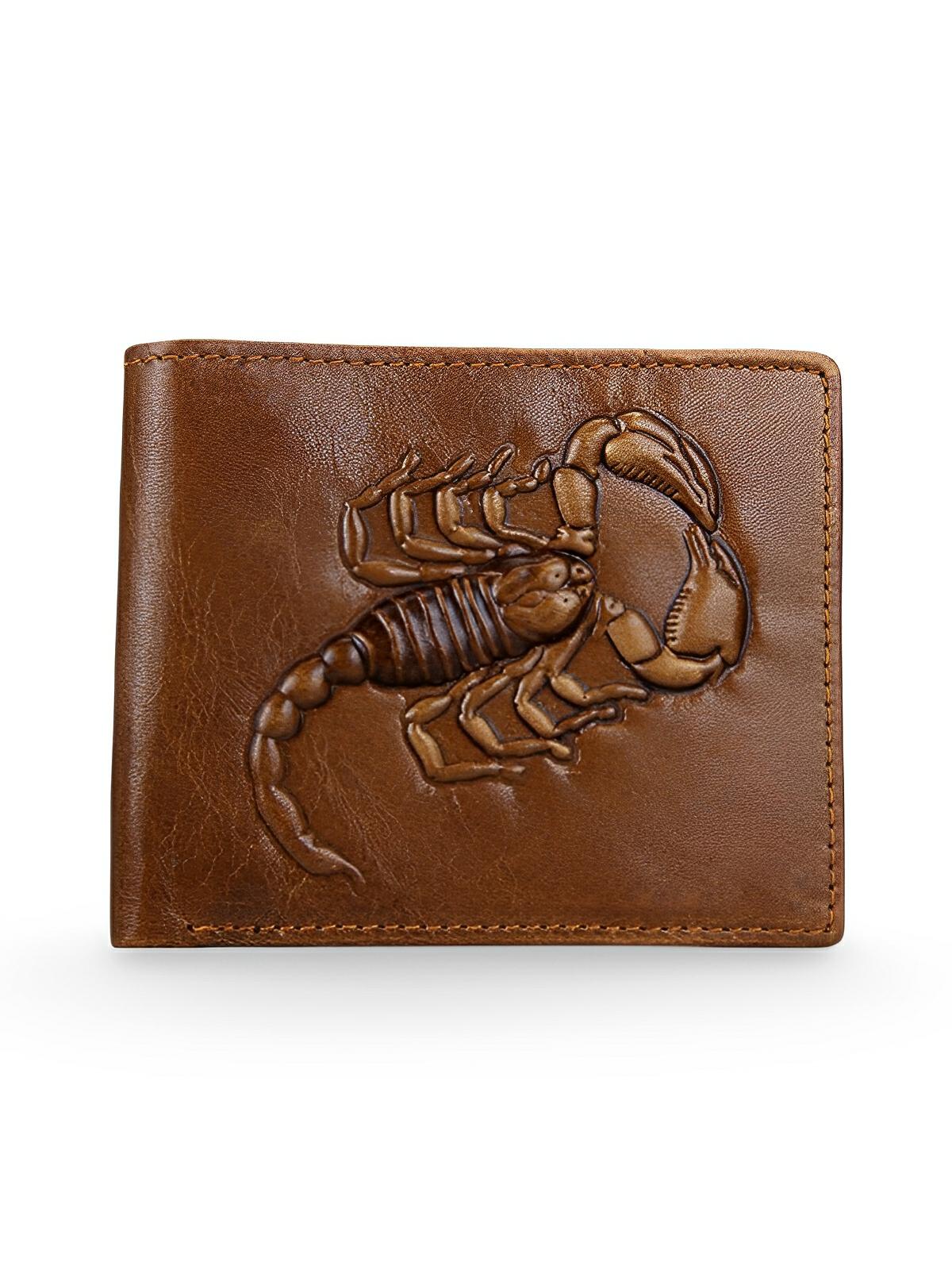 Portefeuille en cuir marron, motif scorpion en relief, compact, multiple rangements, modèle Serkan - Porte - feuille - Marron
