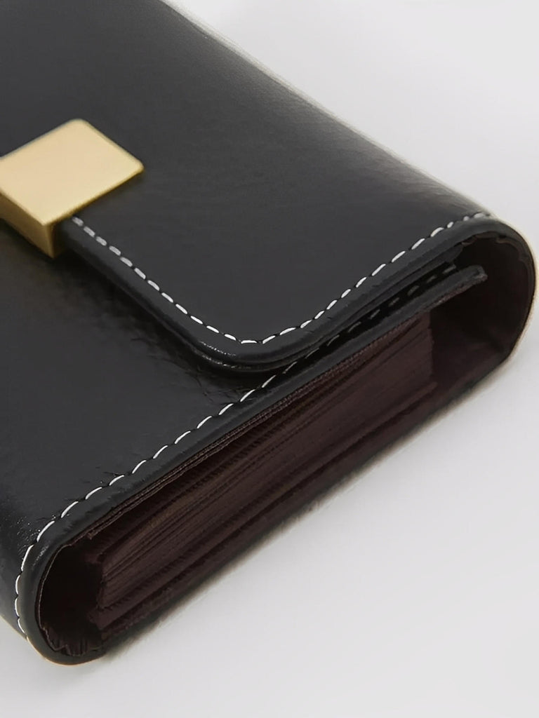 Portefeuille femme compact cuir grainé, porte - cartes sécurisé, format mini, bouton - pression doré, rangement accordéon, modèle Judith - Porte - feuille - Noir