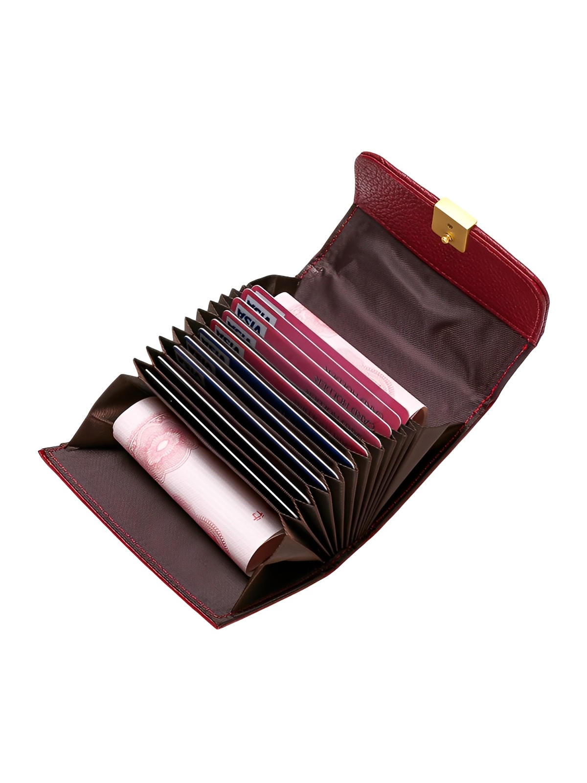 Portefeuille femme compact cuir grainé, porte - cartes sécurisé, format mini, bouton - pression doré, rangement accordéon, modèle Judith - Porte - feuille - Bordeaux