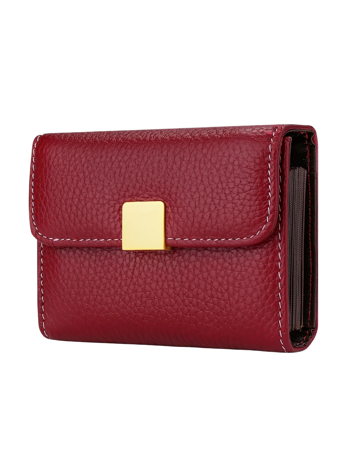 Portefeuille femme compact cuir grainé, porte - cartes sécurisé, format mini, bouton - pression doré, rangement accordéon, modèle Judith - Porte - feuille - Bordeaux