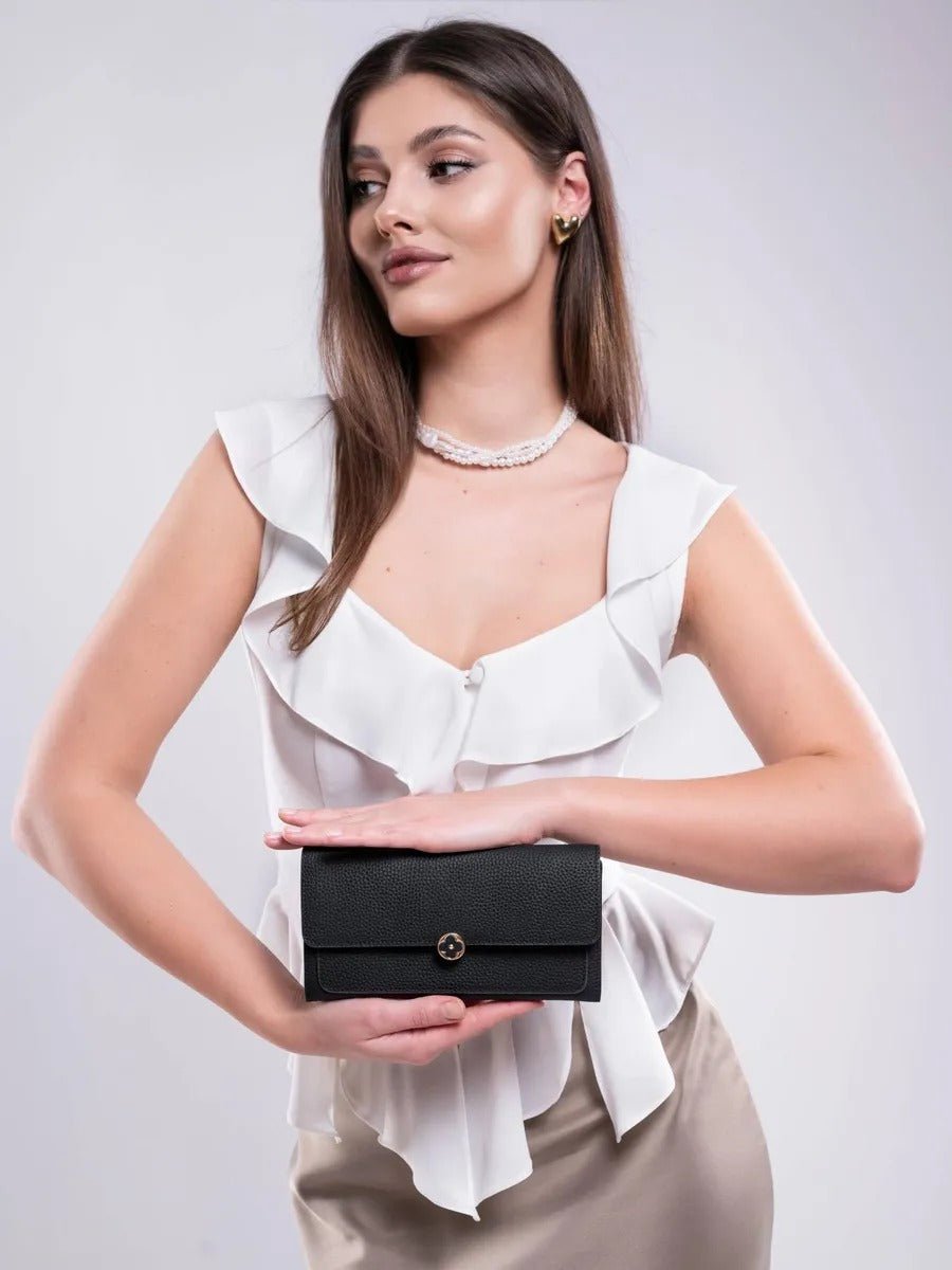Portefeuille femme cuir, long format, bouton trèfle, multiples rangements, porte - cartes, porte - monnaie, modèle Armance - Porte - feuille - Noir