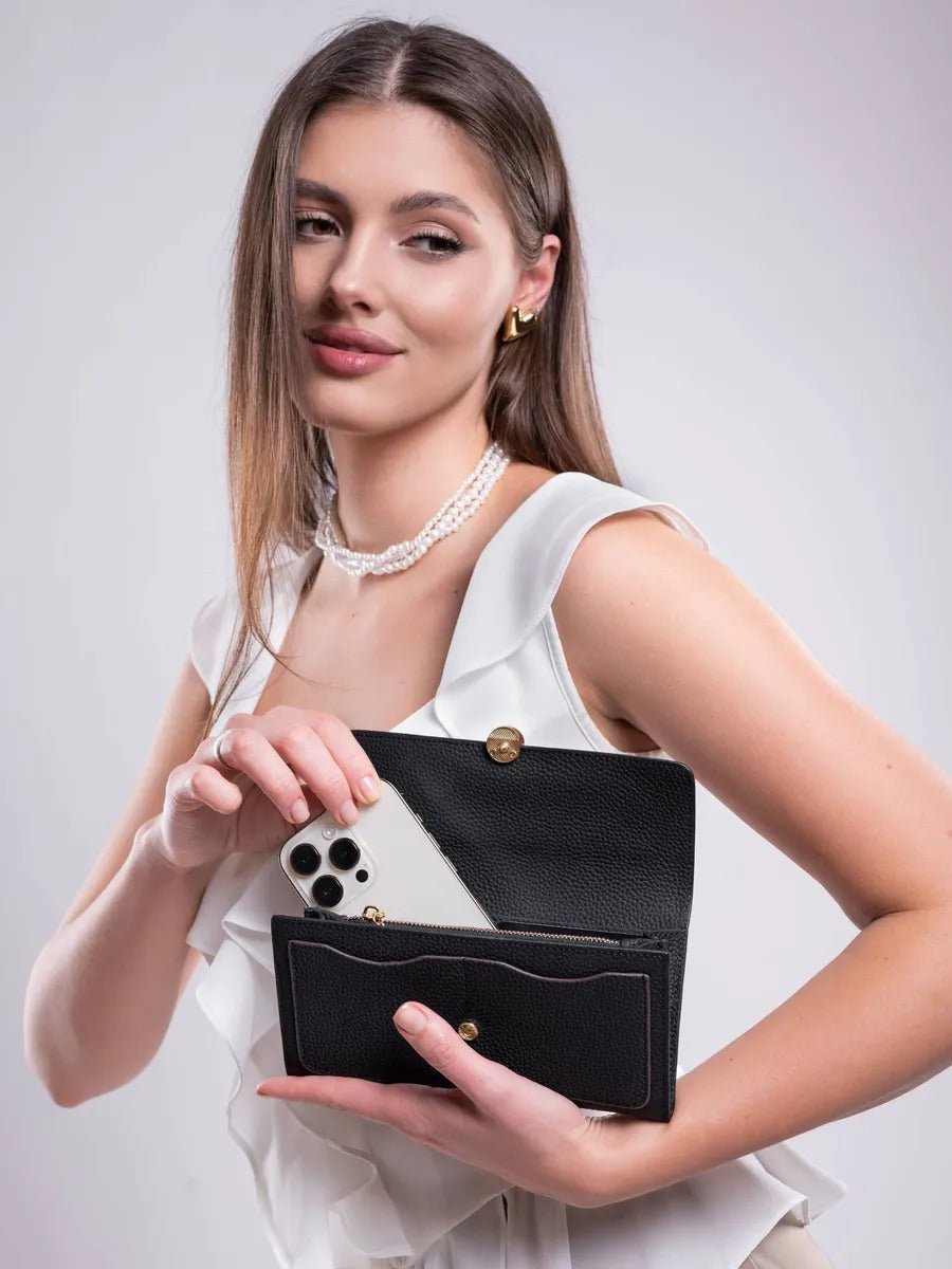 Portefeuille femme cuir, long format, bouton trèfle, multiples rangements, porte - cartes, porte - monnaie, modèle Armance - Porte - feuille - Noir