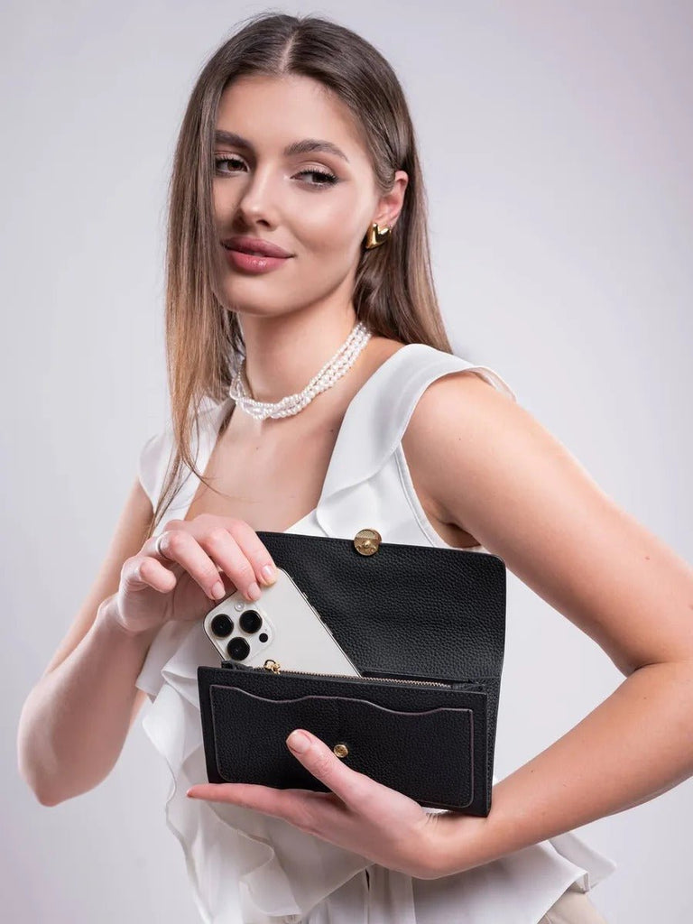 Portefeuille femme cuir, long format, bouton trèfle, multiples rangements, porte - cartes, porte - monnaie, modèle Armance - Porte - feuille - Noir