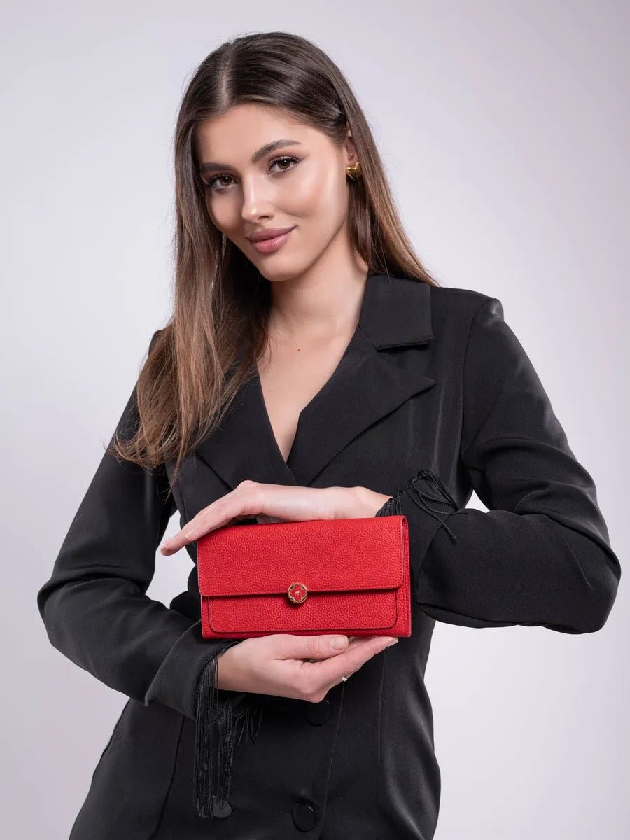 Portefeuille femme cuir, long format, bouton trèfle, multiples rangements, porte - cartes, porte - monnaie, modèle Armance - Porte - feuille - Rouge