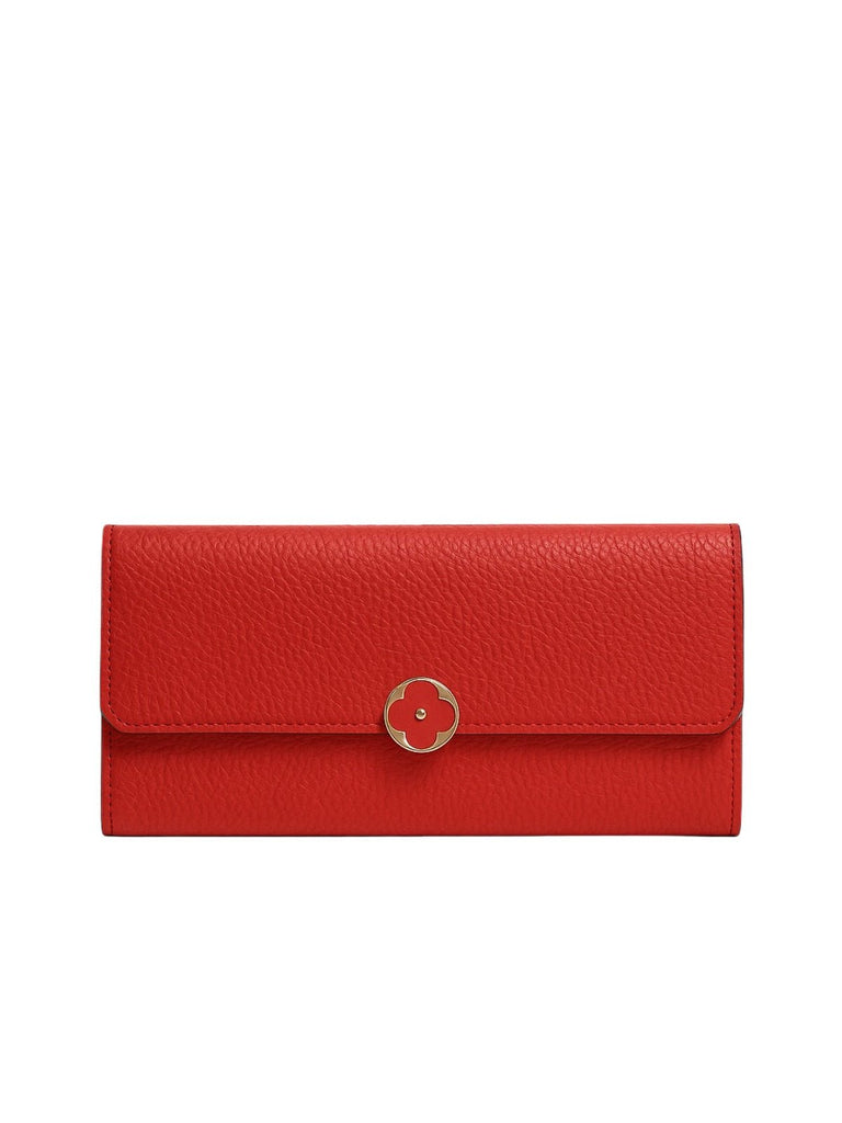 Portefeuille femme cuir, long format, bouton trèfle, multiples rangements, porte - cartes, porte - monnaie, modèle Armance - Porte - feuille - Rouge