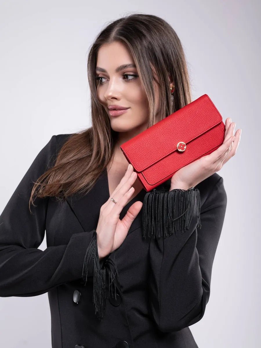 Portefeuille femme cuir, long format, bouton trèfle, multiples rangements, porte - cartes, porte - monnaie, modèle Armance - Porte - feuille - Rouge