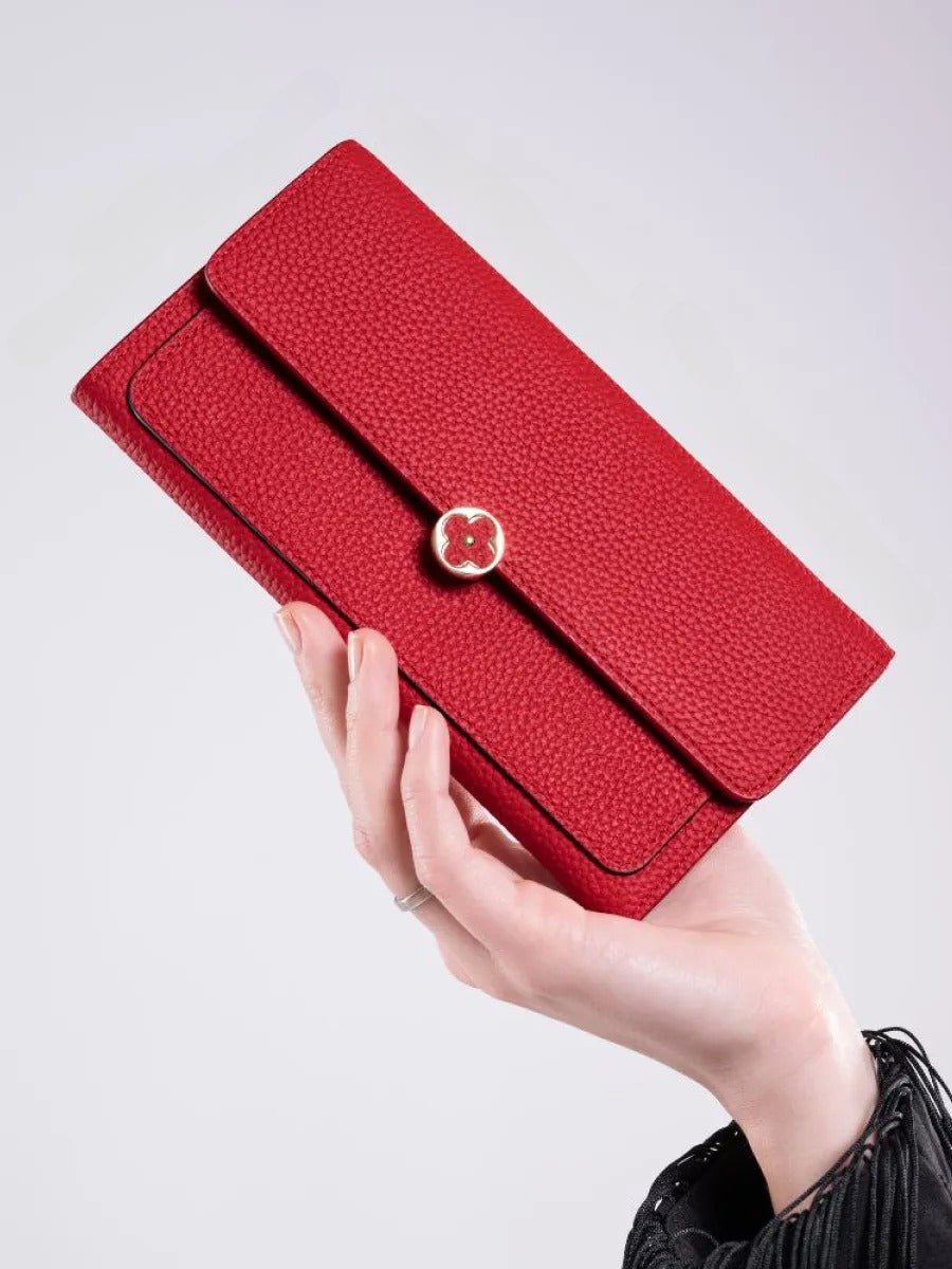 Portefeuille femme cuir, long format, bouton trèfle, multiples rangements, porte - cartes, porte - monnaie, modèle Armance - Porte - feuille - Rouge