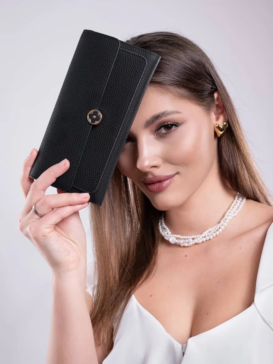 Portefeuille femme cuir, long format, bouton trèfle, multiples rangements, porte - cartes, porte - monnaie, modèle Armance - Porte - feuille - Noir