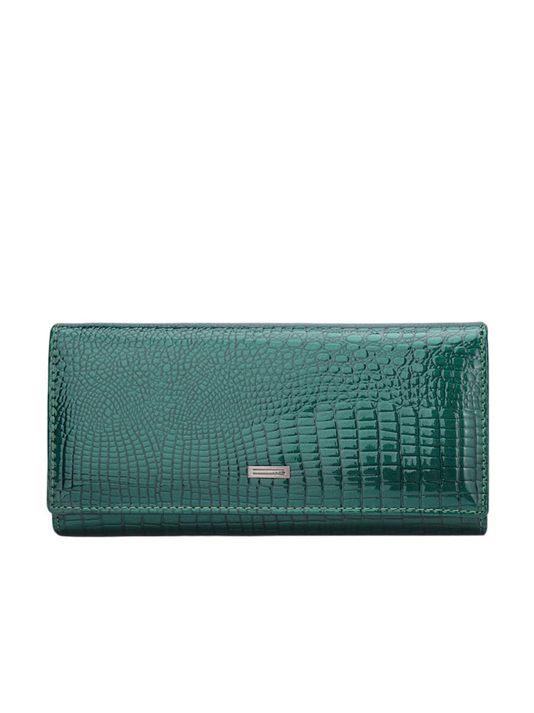 Portefeuille femme cuir verni aspect crocodile, grand format, fermeture aimantée, porte - monnaie intégré, multi - cartes, modèle Felicia - Porte - feuille - Vert
