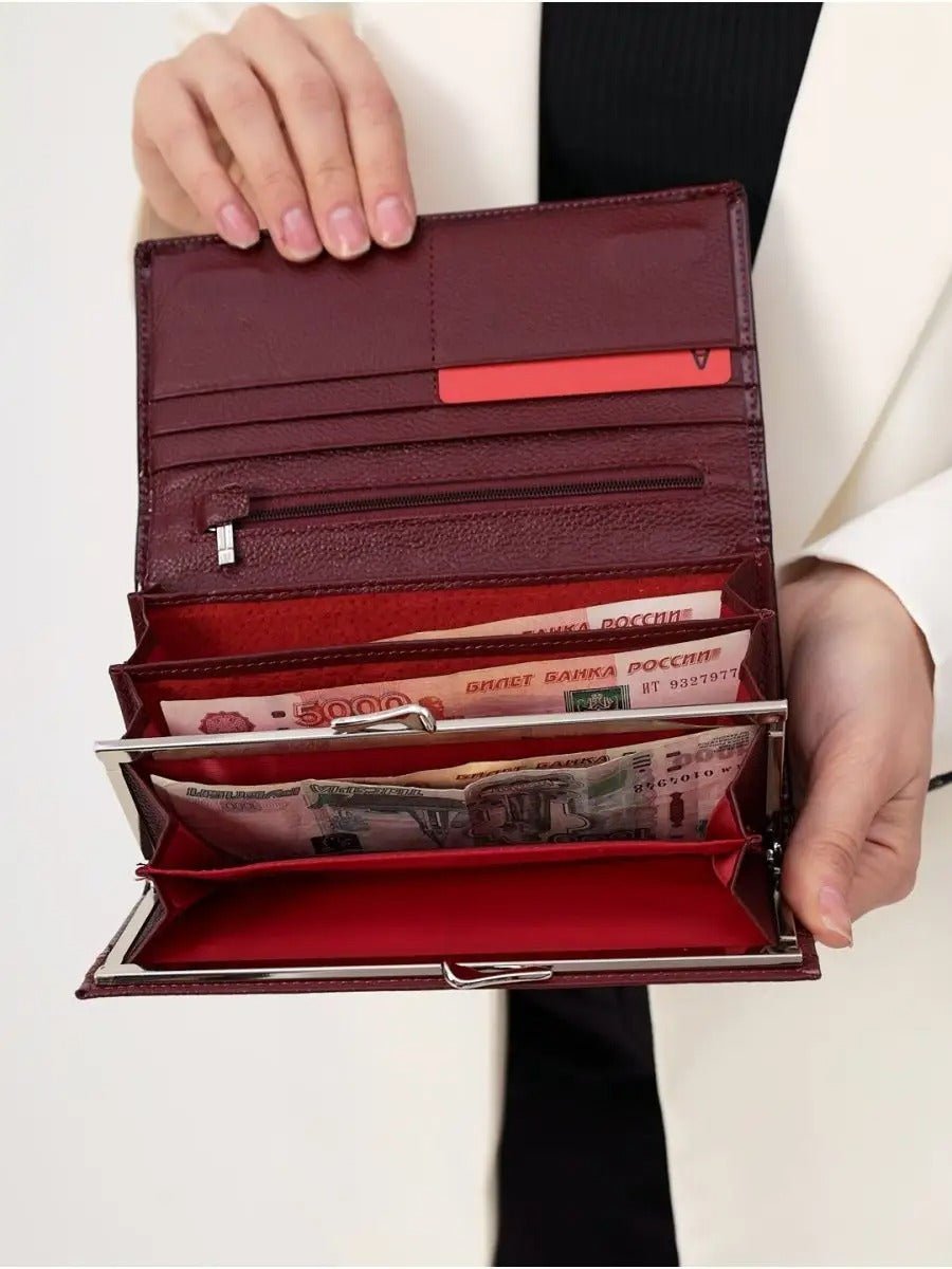 Portefeuille femme cuir verni aspect crocodile, grand format, fermeture aimantée, porte - monnaie intégré, multi - cartes, modèle Felicia - Porte - feuille - Bordeaux