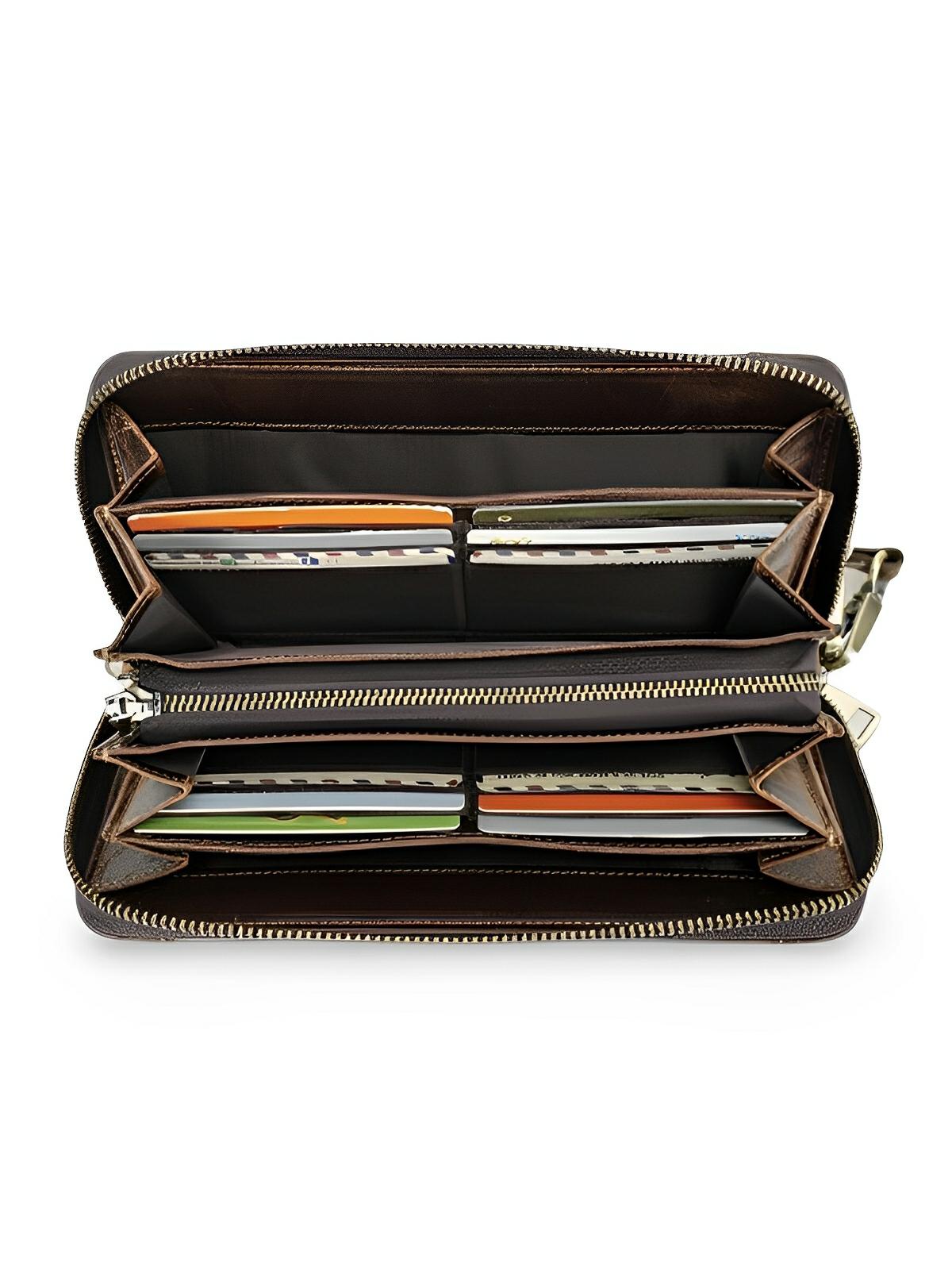 Portefeuille homme cuir, grand format, RFID, multiples compartiments, fermeture zippée, poignée amovible, modèle Désiré - Porte - feuille - Café