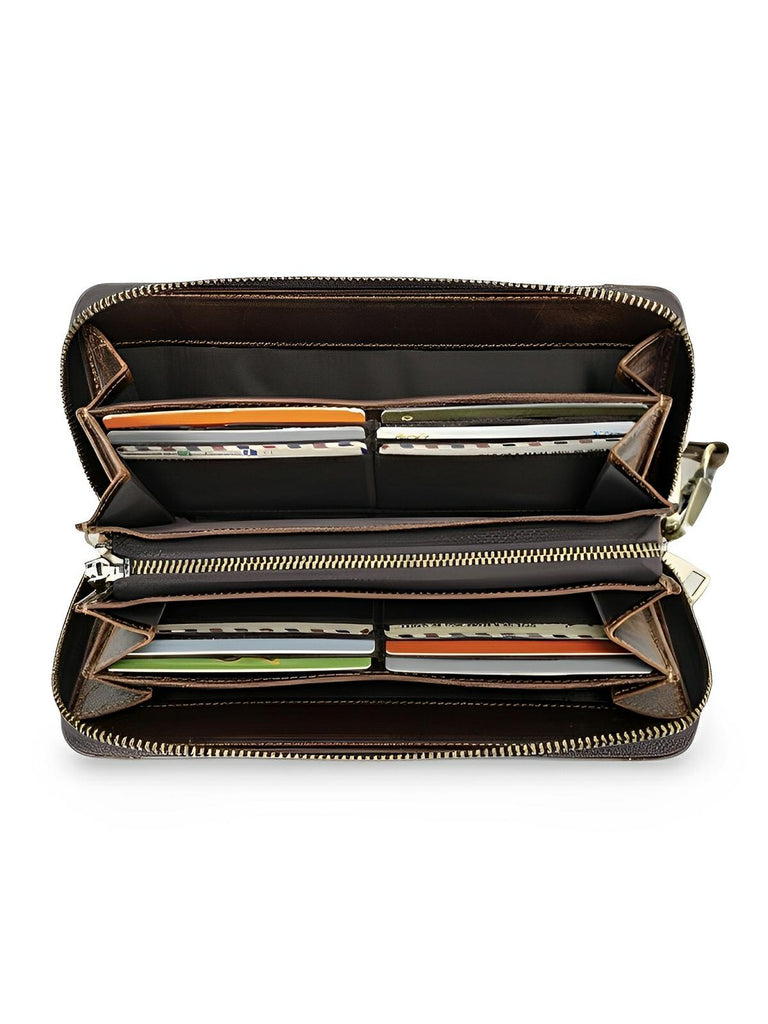 Portefeuille homme cuir, grand format, RFID, multiples compartiments, fermeture zippée, poignée amovible, modèle Désiré - Porte - feuille - Café
