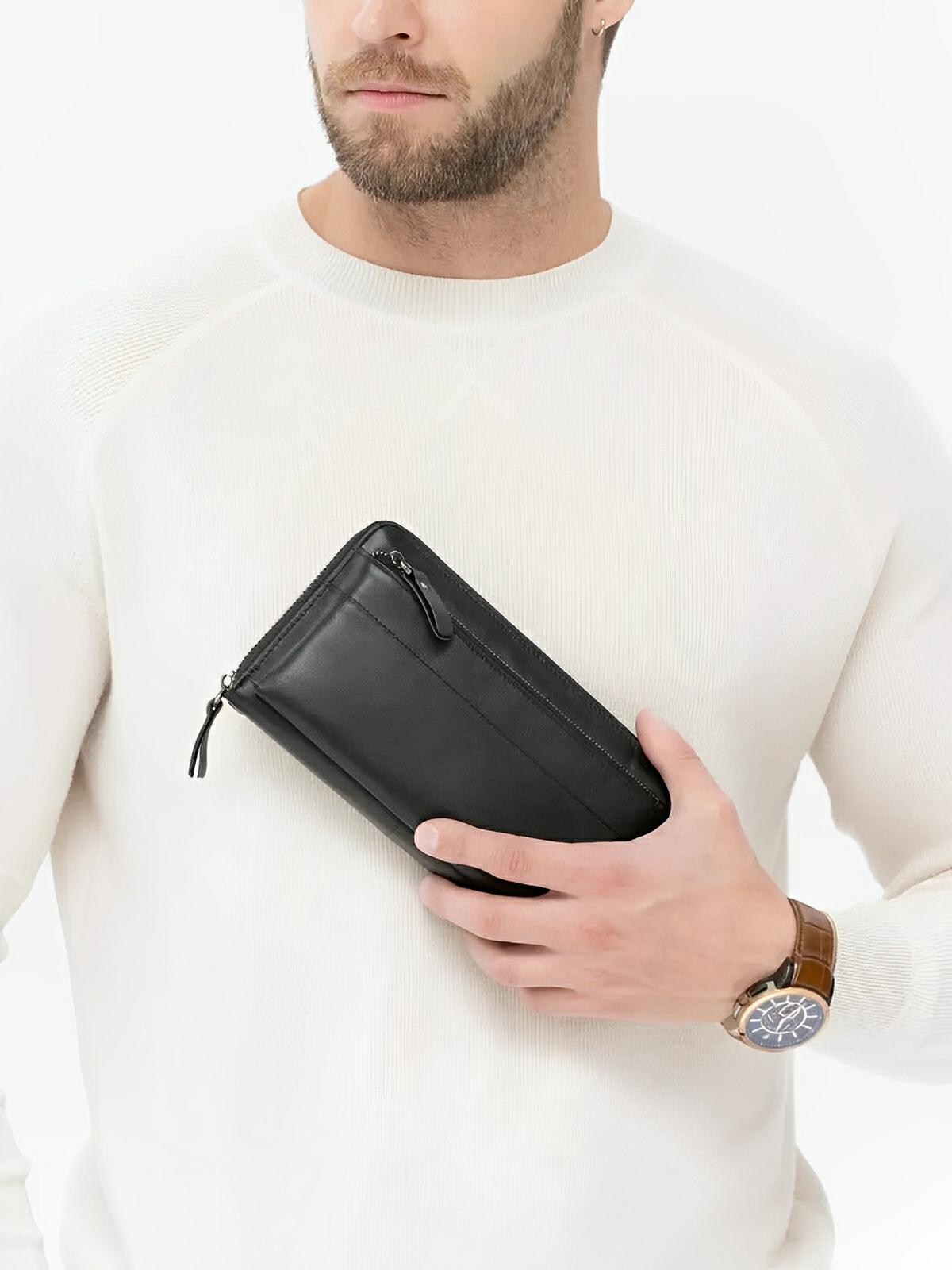 Portefeuille homme cuir noir, grand format, multiples compartiments, fermeture zippée, poignée amovible, modèle Gabriel - Porte - feuille - Noir
