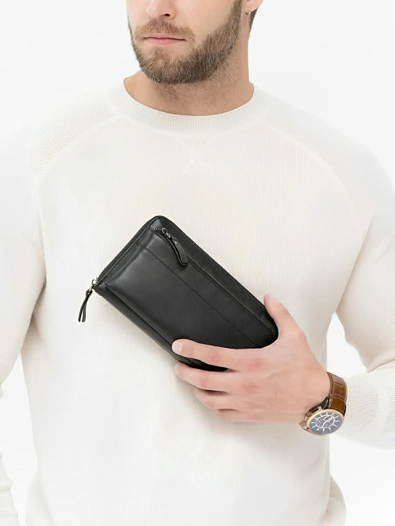 Portefeuille homme cuir noir, grand format, multiples compartiments, fermeture zippée, poignée amovible, modèle Gabriel - Porte - feuille - Noir