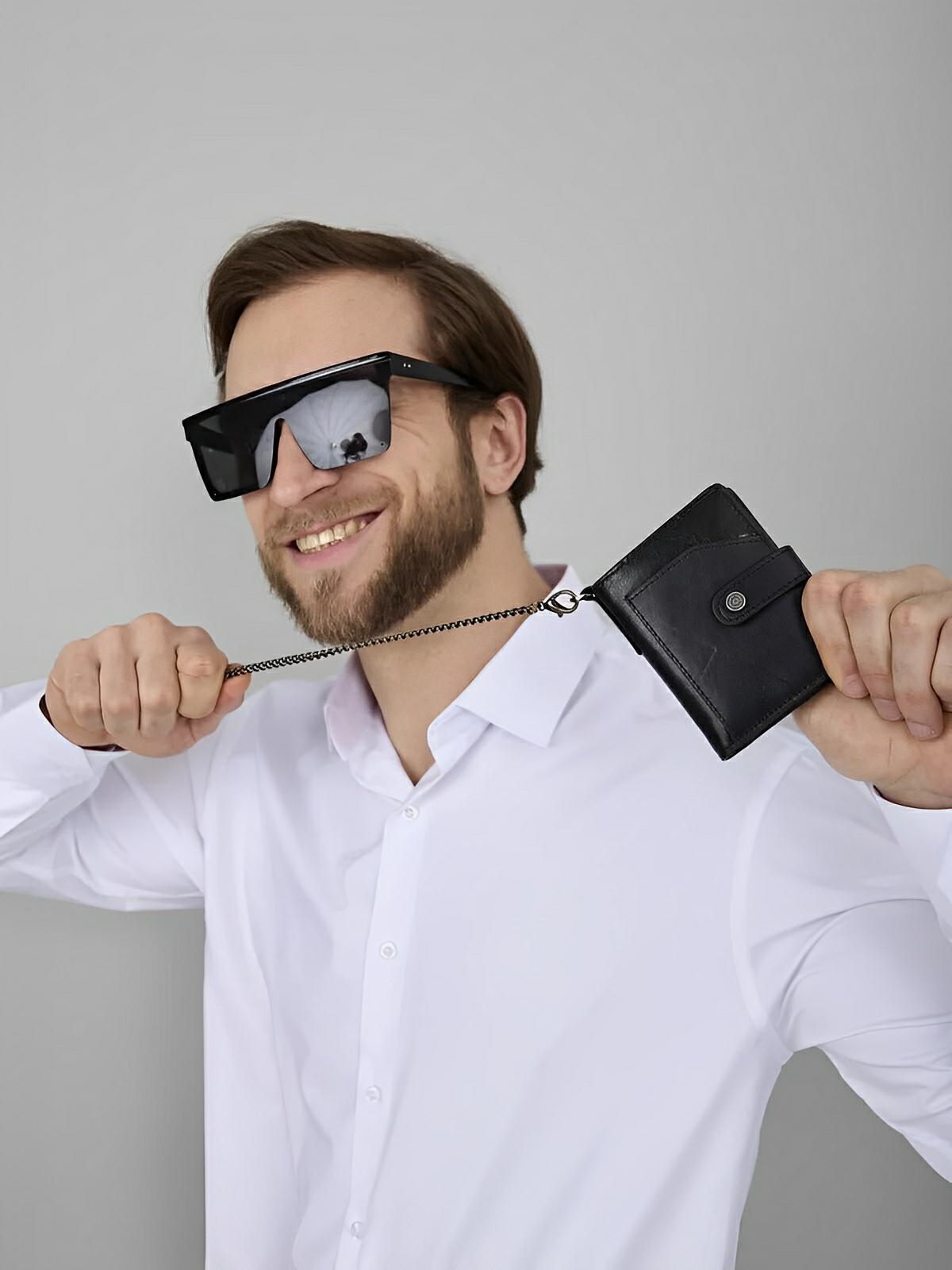 Portefeuille homme cuir véritable, protection RFID, compact, avec chaîne de sécurité, modèle Romaric - Porte - feuille - Noir