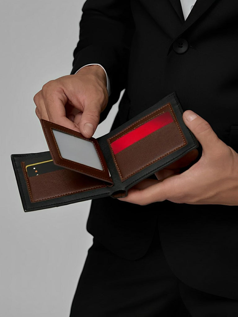 Portefeuille homme, design bicolore, grande capacité, compartiments multiples, en simili vegan, format compact, modèle Hugon - Porte - feuille - Noir