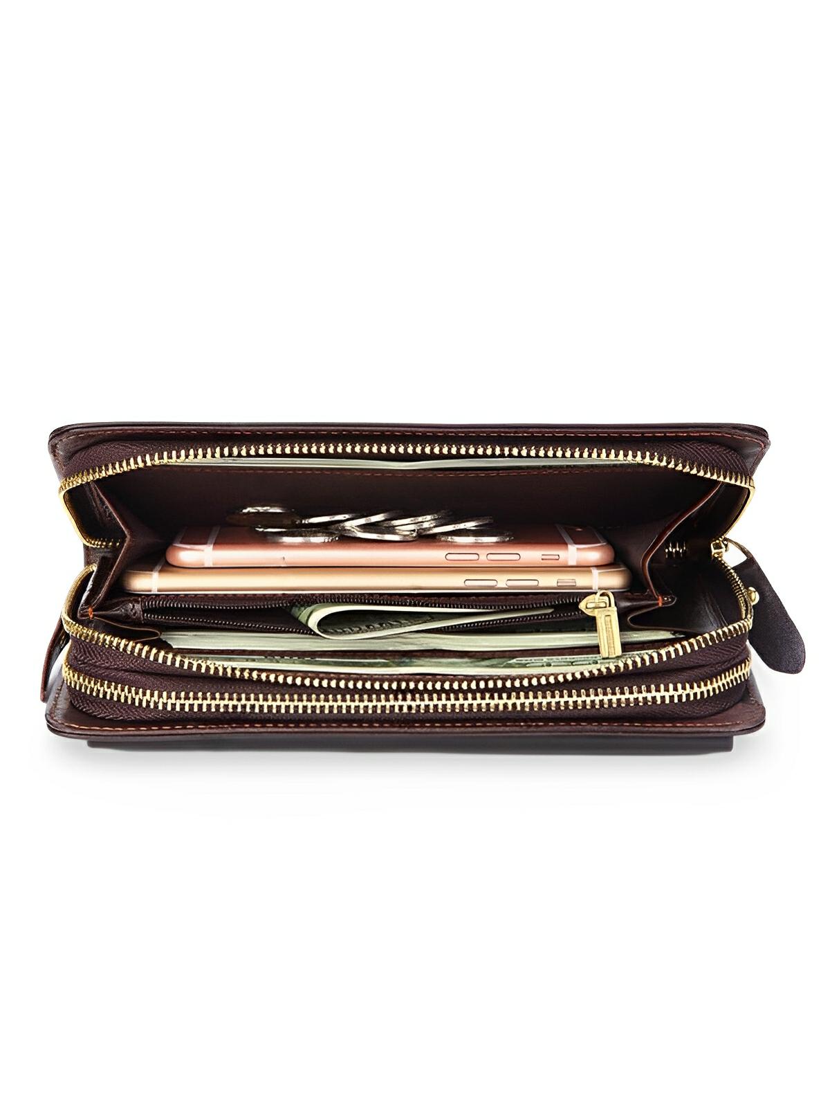 Portefeuille homme en cuir véritable, grand format, double fermeture éclair, multiples compartiments, style vintage, modèle Épone - Porte - feuille - Café