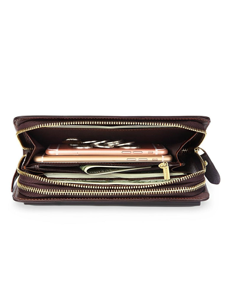 Portefeuille homme en cuir véritable, grand format, double fermeture éclair, multiples compartiments, style vintage, modèle Épone - Porte - feuille - Café