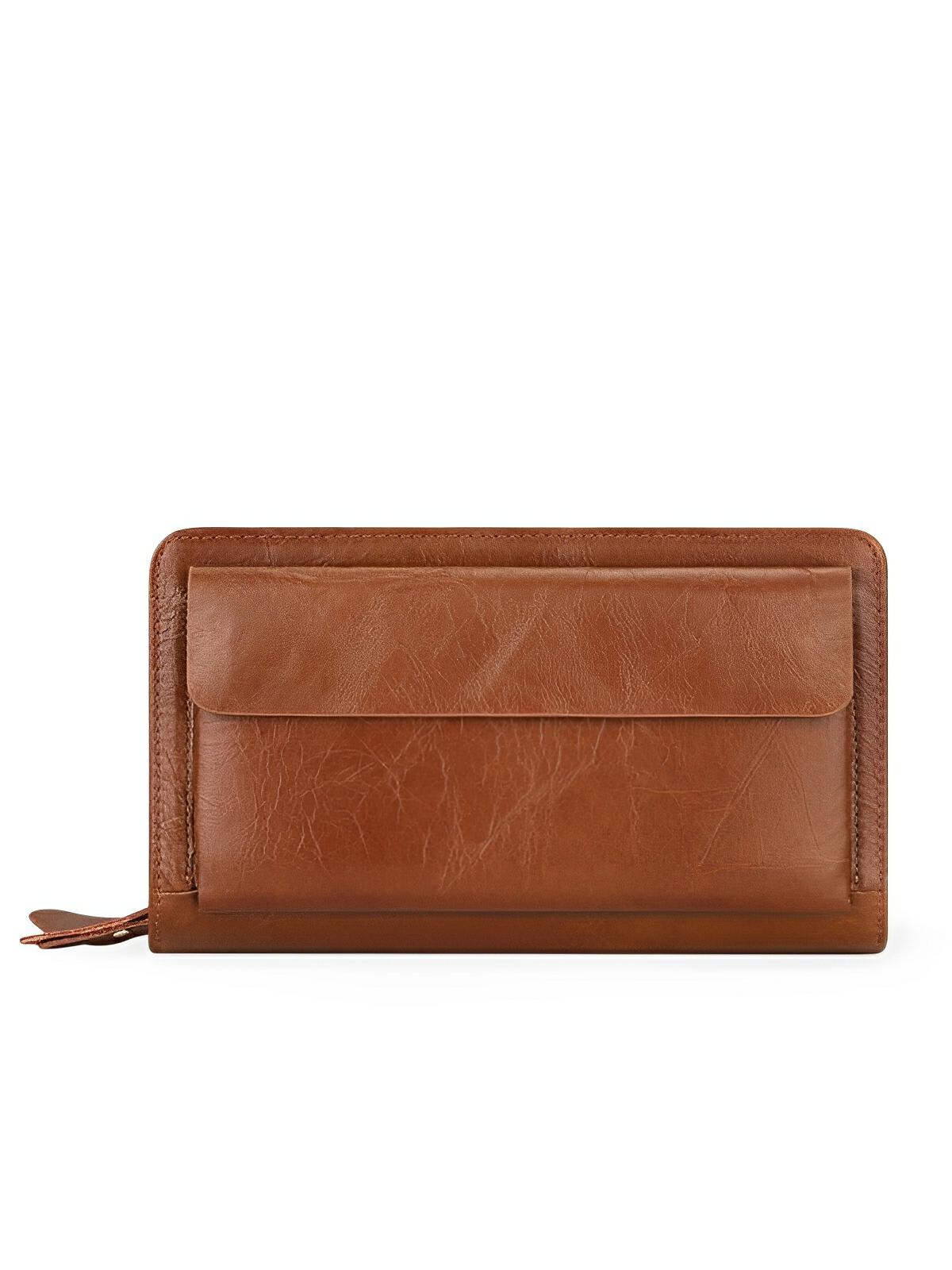 Portefeuille homme en cuir véritable, grand format, double fermeture éclair, multiples compartiments, style vintage, modèle Épone - Porte - feuille - Cognac