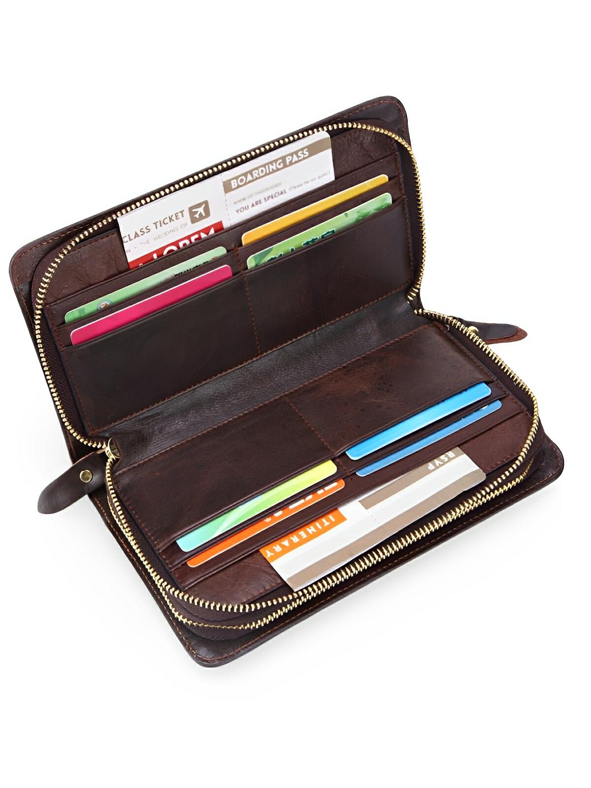 Portefeuille homme en cuir véritable, grand format, double fermeture éclair, multiples compartiments, style vintage, modèle Épone - Porte - feuille - Café