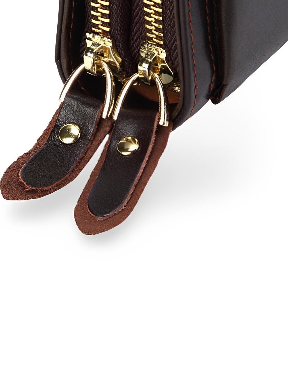 Portefeuille homme en cuir véritable, grand format, double fermeture éclair, multiples compartiments, style vintage, modèle Épone - Porte - feuille - Café