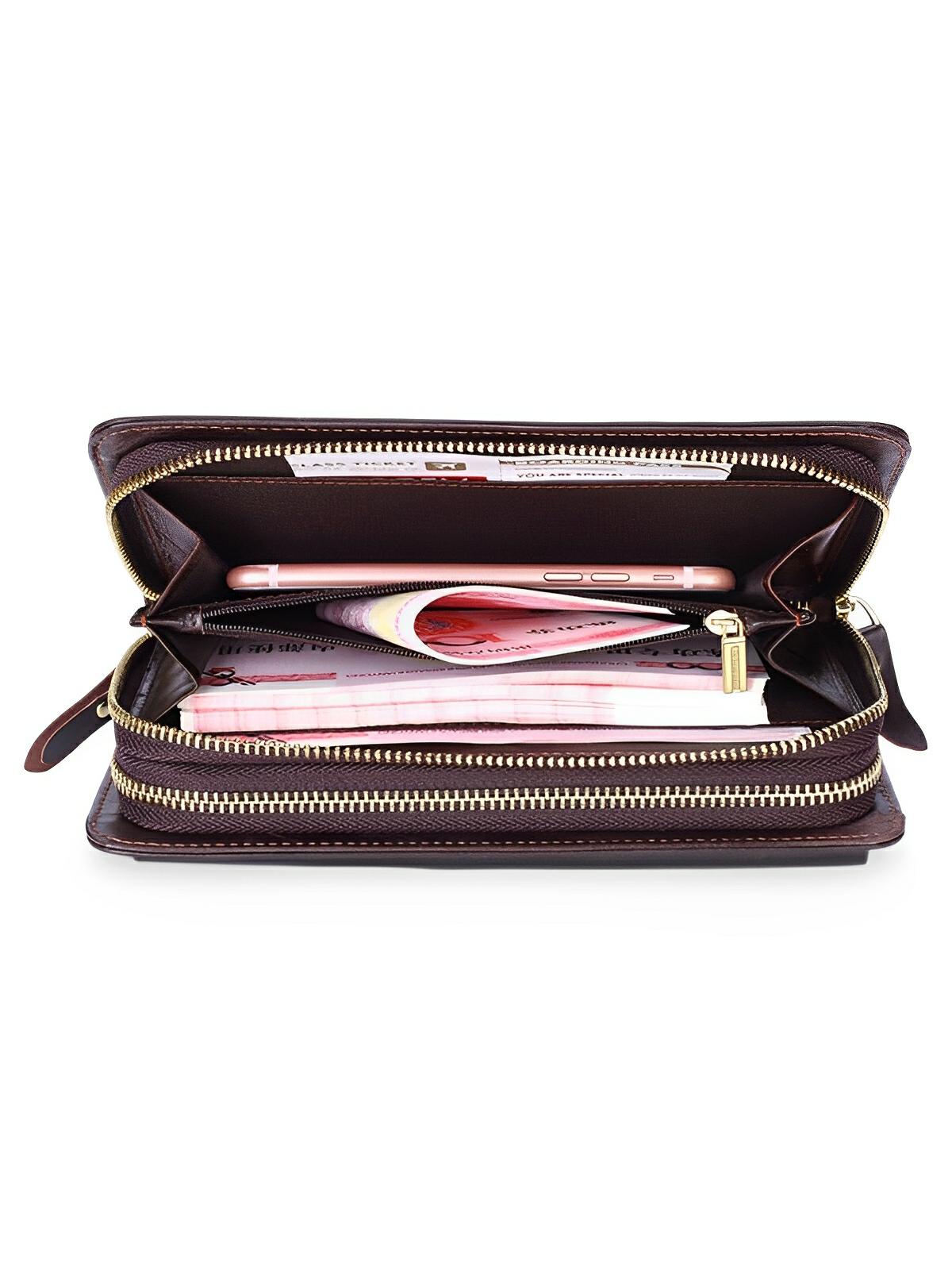 Portefeuille homme en cuir véritable, grand format, double fermeture éclair, multiples compartiments, style vintage, modèle Épone - Porte - feuille - Café