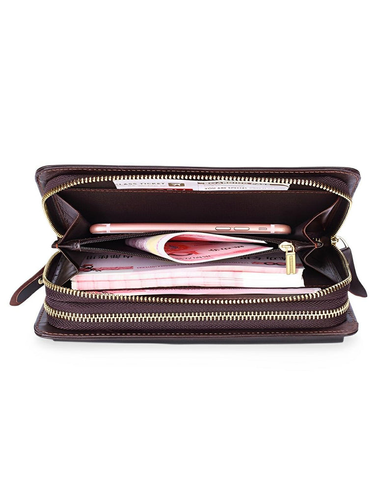 Portefeuille homme en cuir véritable, grand format, double fermeture éclair, multiples compartiments, style vintage, modèle Épone - Porte - feuille - Café