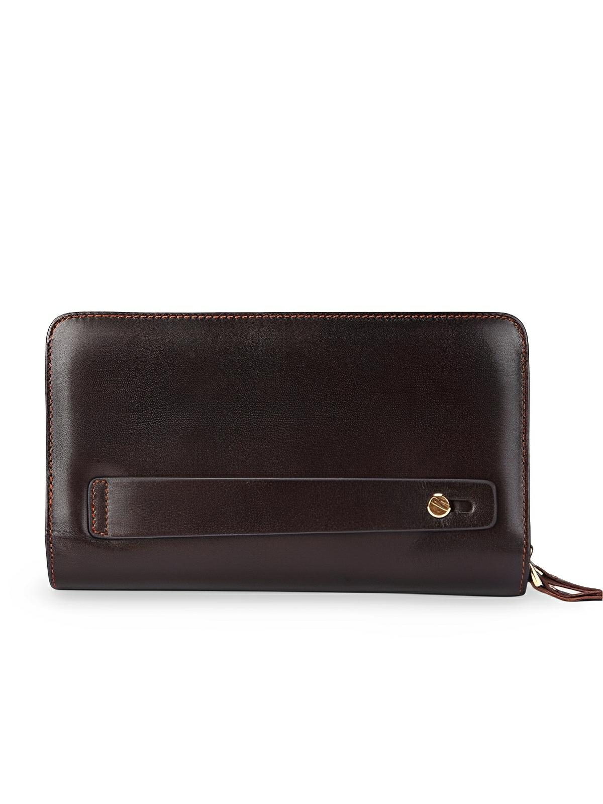 Portefeuille homme en cuir véritable, grand format, double fermeture éclair, multiples compartiments, style vintage, modèle Épone - Porte - feuille - Café