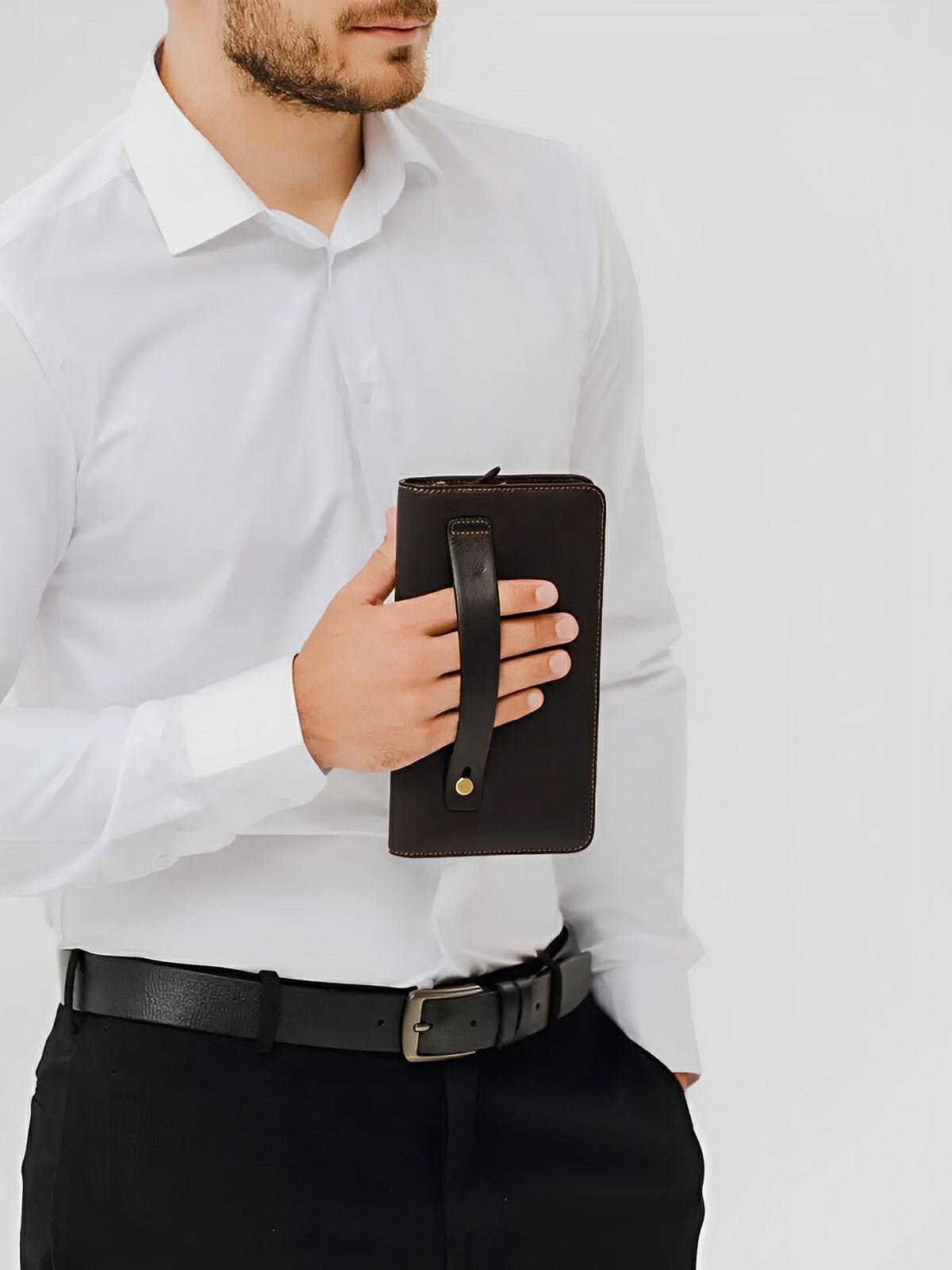 Portefeuille homme en cuir véritable, grand format, double fermeture éclair, multiples compartiments, style vintage, modèle Épone - Porte - feuille - Café