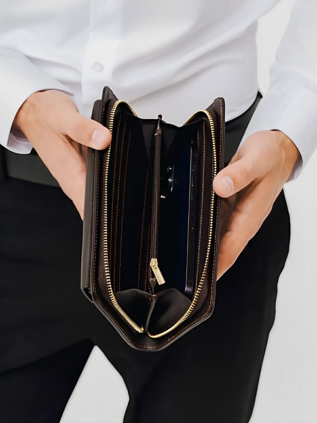 Portefeuille homme en cuir véritable, grand format, double fermeture éclair, multiples compartiments, style vintage, modèle Épone - Porte - feuille - Café